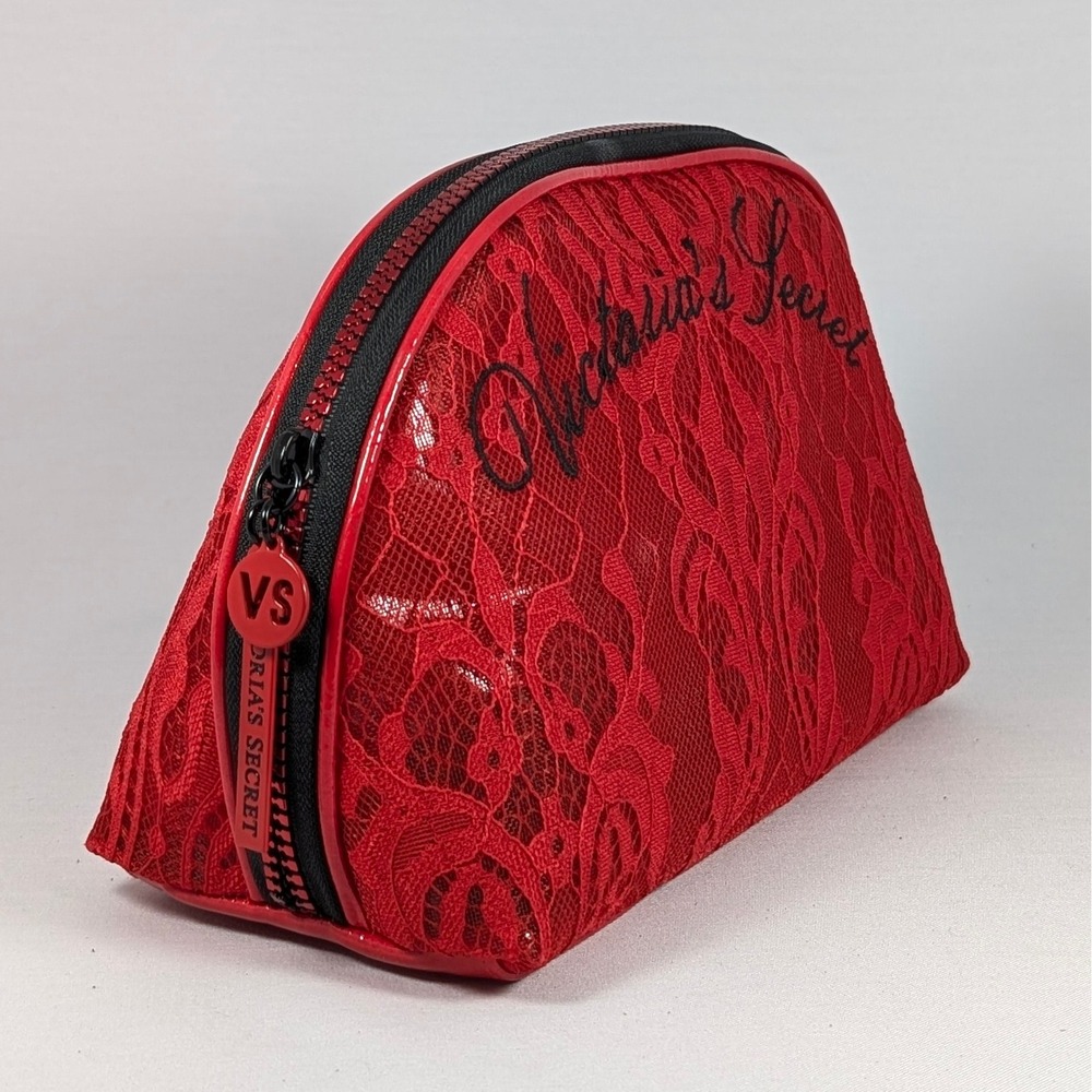 Victoria's Secret Crimson Red Lace Dome Makeup Bag Cosmetic Case Script Logo